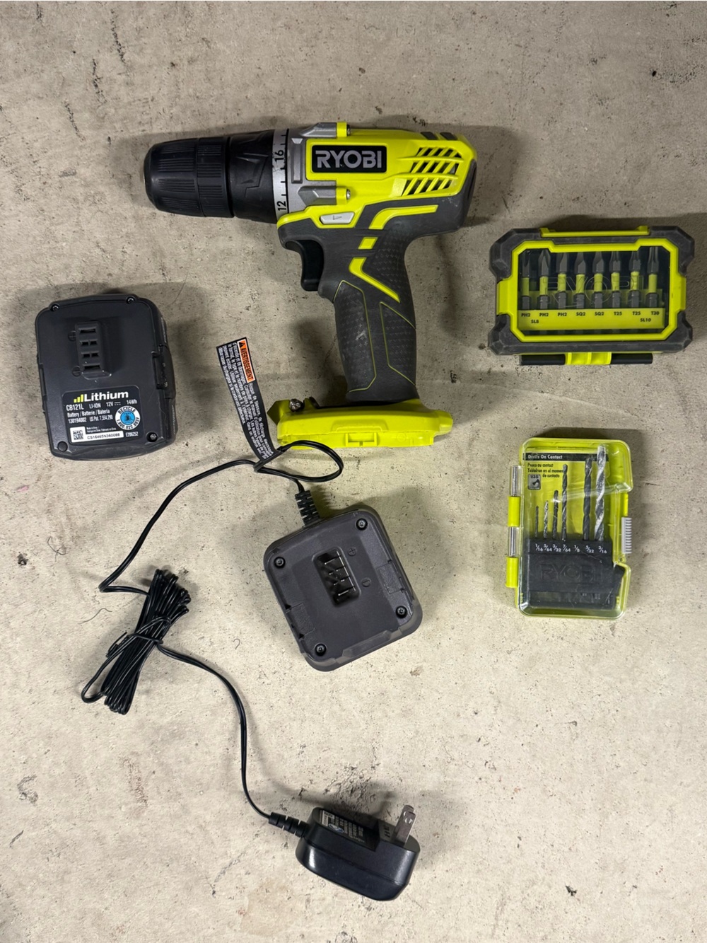 RYOBI HJP003 12V Cordless Drill with Bits and Charger - Neon Lime/Black